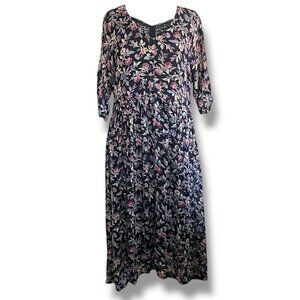 Vintage 90s Nostalgia Womens Dress Sz Small Black Floral Grunge Grannycore Midi